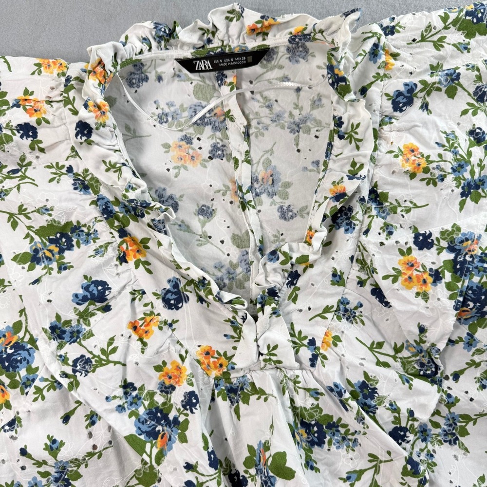 Zara Floral Eyelet Blouse Women S White Blue Yellow Ruffle Sleeve Shabby Chic - Picture 7 of 9